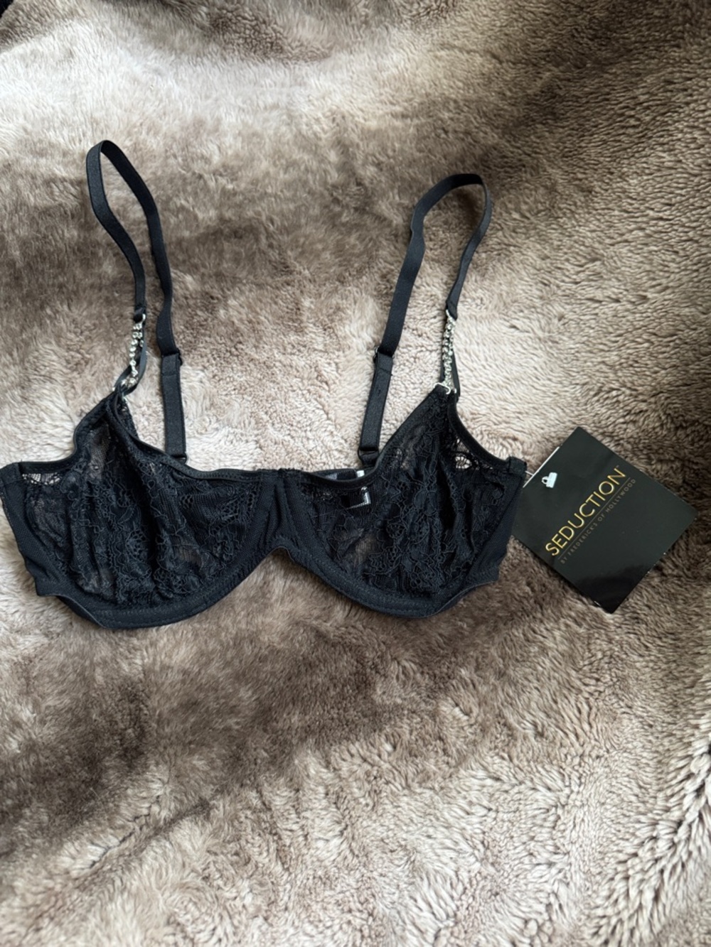 Frederick's of Hollywood Black Lace Underwire Bra with Chain Detail
